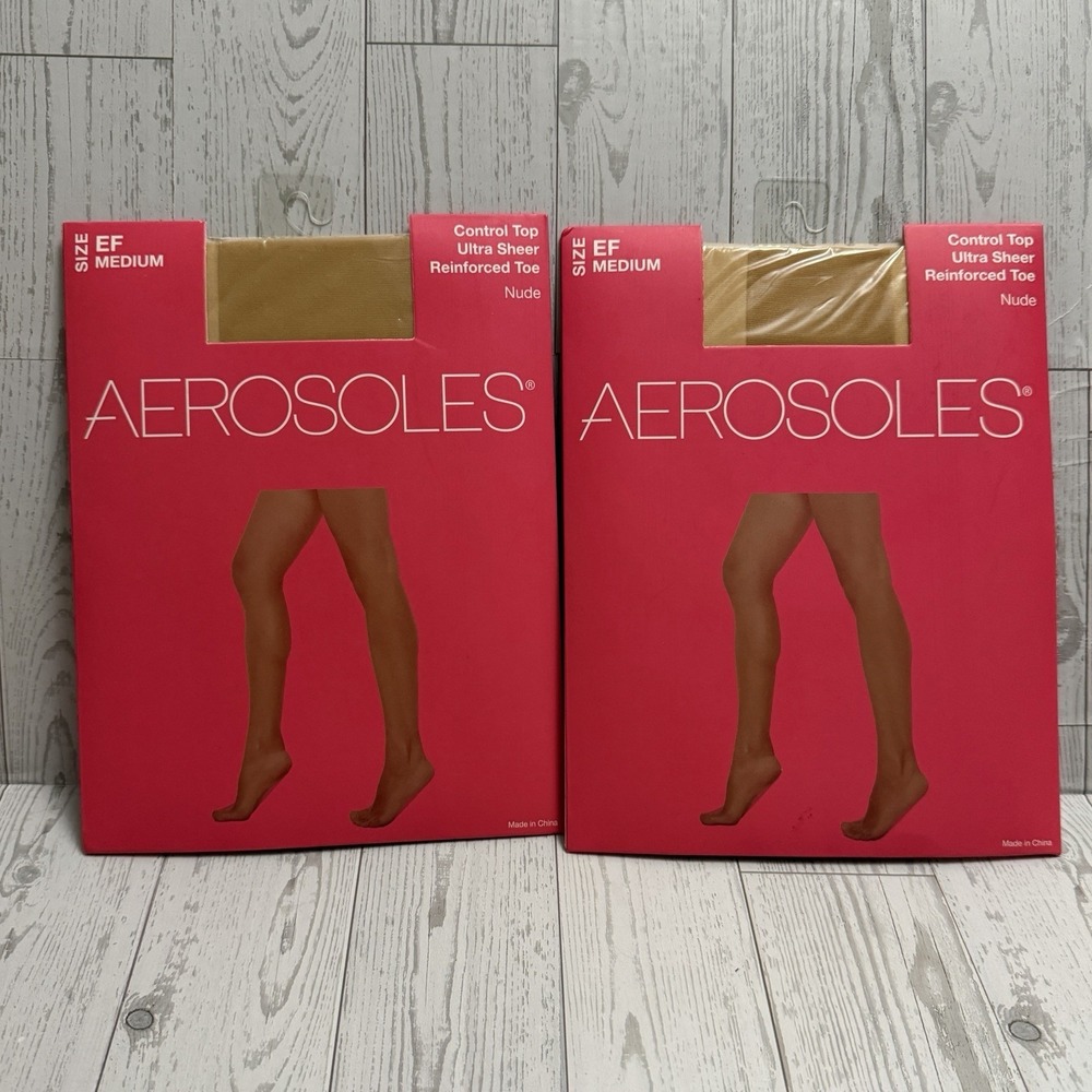 2x Aerosoles Ultra Sheer‎ Control Top Tights Reinforced Toe Beige Size Medium EF